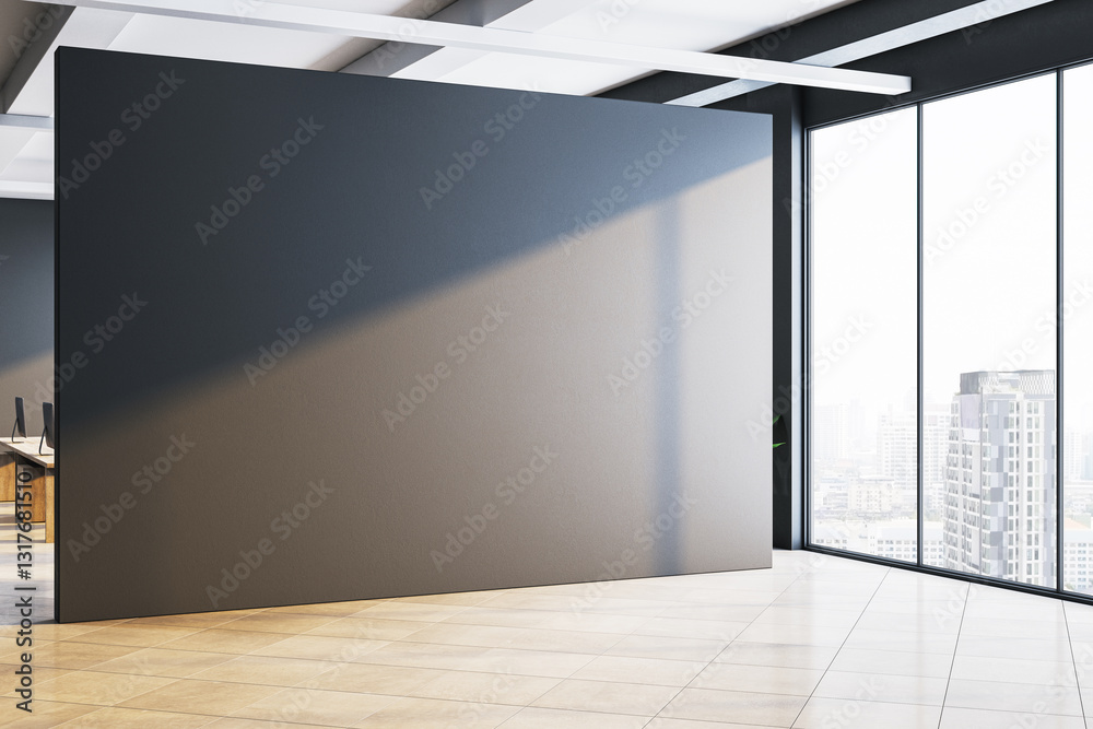 Aufkleber modern office interior with large empty wall and city view through panoramic windows. 3d rendering