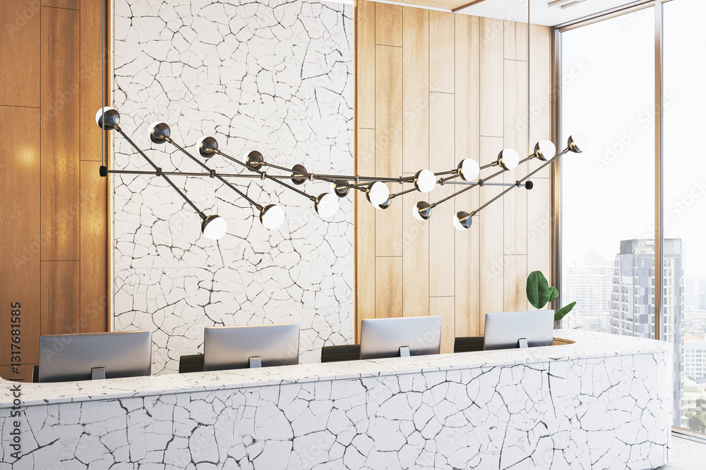 Poster modern reception desk in luxury office lobby with stylish lighting. 3d rendering