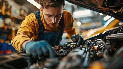 Auto mechanics diligently inspecting the engine under the hood