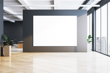 Blank white poster mockup on dark wall in modern office interior with large windows. 3D Rendering