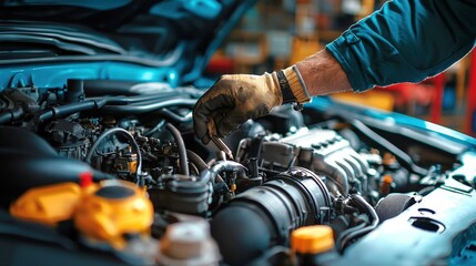 Expert auto mechanics meticulously inspecting a car engine in a busy workshop environment