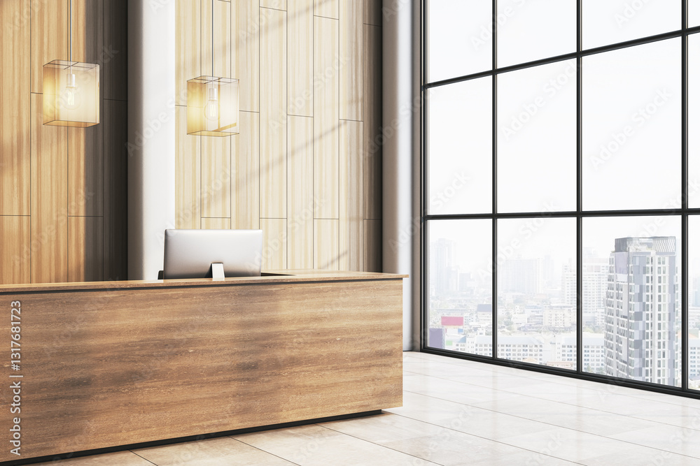 Poster modern reception desk in corporate office lobby with city view. 3d rendering