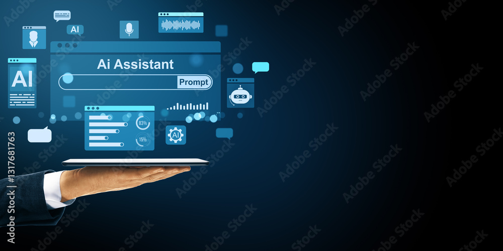 Poster AI Assistant interface on tablet with icons on dark background.