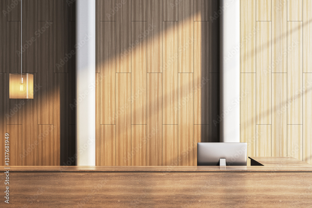 Poster modern reception desk in a stylish hotel lobby with wooden panel walls and warm lighting. 3d renderi