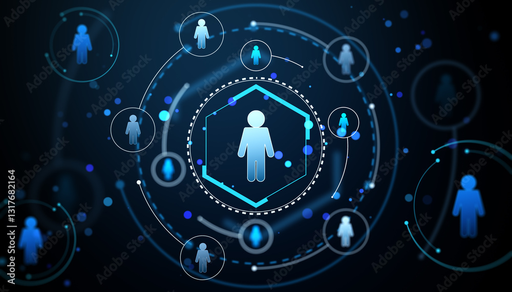 Poster Digital network of human icons connected in a futuristic design. 3D Rendering