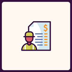 Labor cost estimation icon with worker profile and bill detail outline