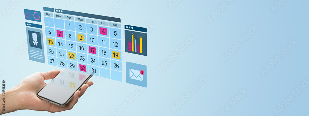 Poster calendar on smartphone screen with business interface.