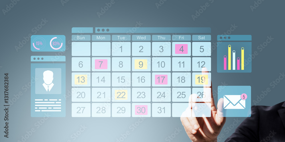 Poster businessperson selecting dates on digital calendar interface.