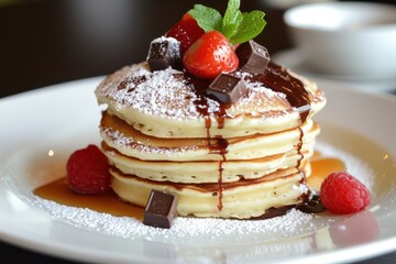 Delicious pancakes stack decorated with chocolate, strawberries and raspberries