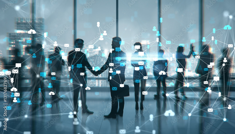 Poster businesspeople networking in office with digital connection concept.