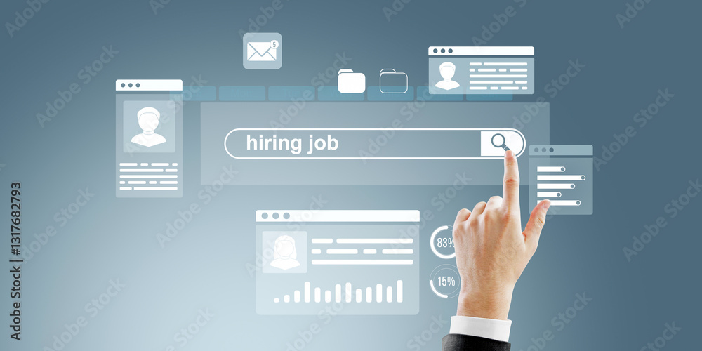 Poster digital hiring job search interface with a hand selecting an option.