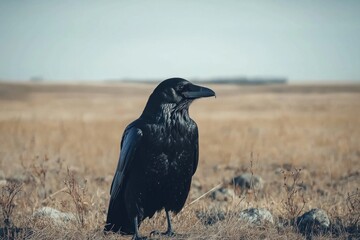 Raven in field. Black bird sits among brown grass under a hazy blue sky