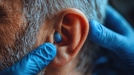 Doctor carefully inserting an in-canal hearing aid in a professional setting