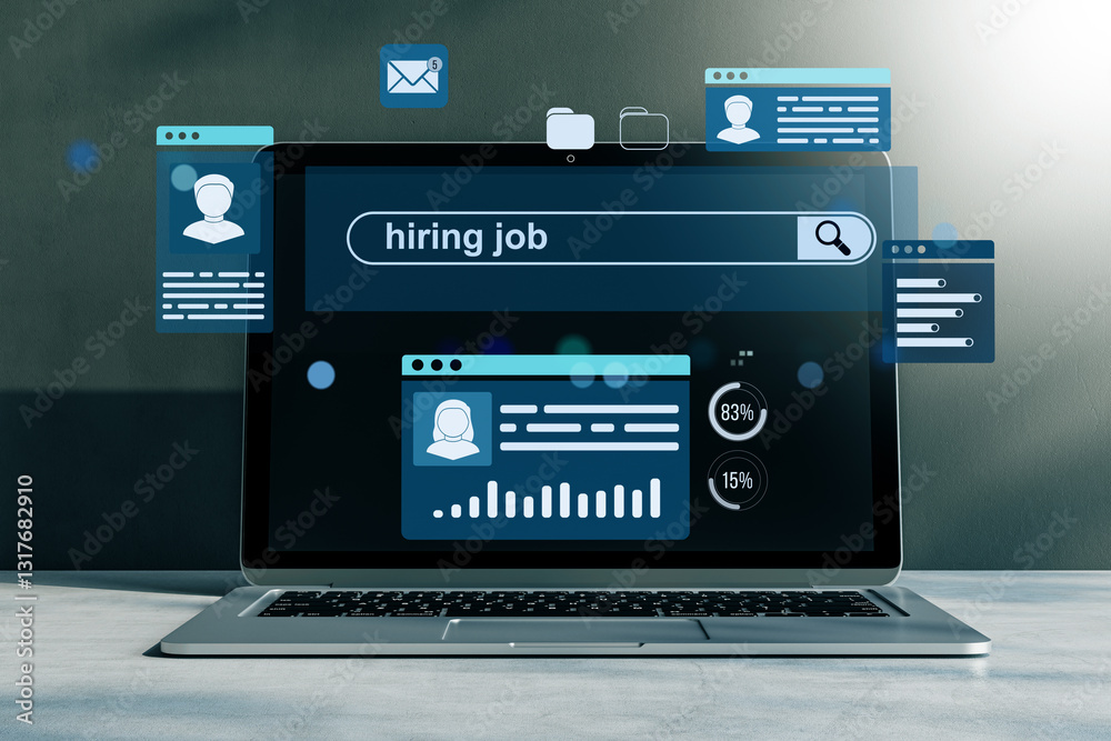 Poster digital hiring job search concept on laptop screen. 3d rendering