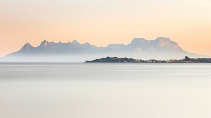 Obraz premium Serene coastal sunrise, mountain range silhouette, tranquil water, peaceful landscape, ideal for travel brochures