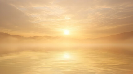 Obraz premium Misty sunrise over calm lake, mountains in background. Peaceful nature scene for travel brochures