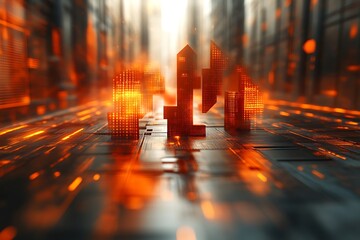 Abstract cityscape with glowing orange geometric shapes