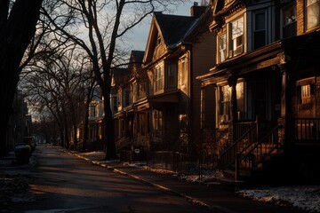 Obraz premium Row of houses at sunset, street scene. Warm light and shadows create depth