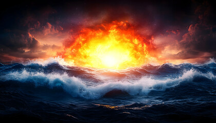 Fiery sunset over raging ocean waves Dramatic sky and dark water