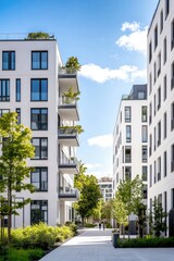 Residential Modern Buildings in Germany Munich with White Facade, Green Landscaping. Comfort Multifamily Low rise, High rise Block of Flats or Apartment Building. New Living Building Complex.