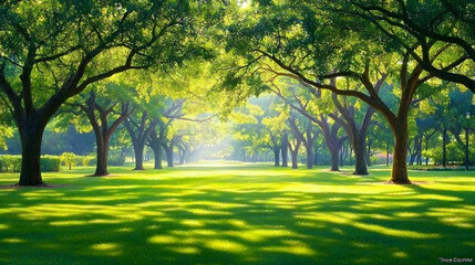 Fototapeta premium Sunlit park path, green trees, summer morning, peaceful nature scene, ideal for travel brochures