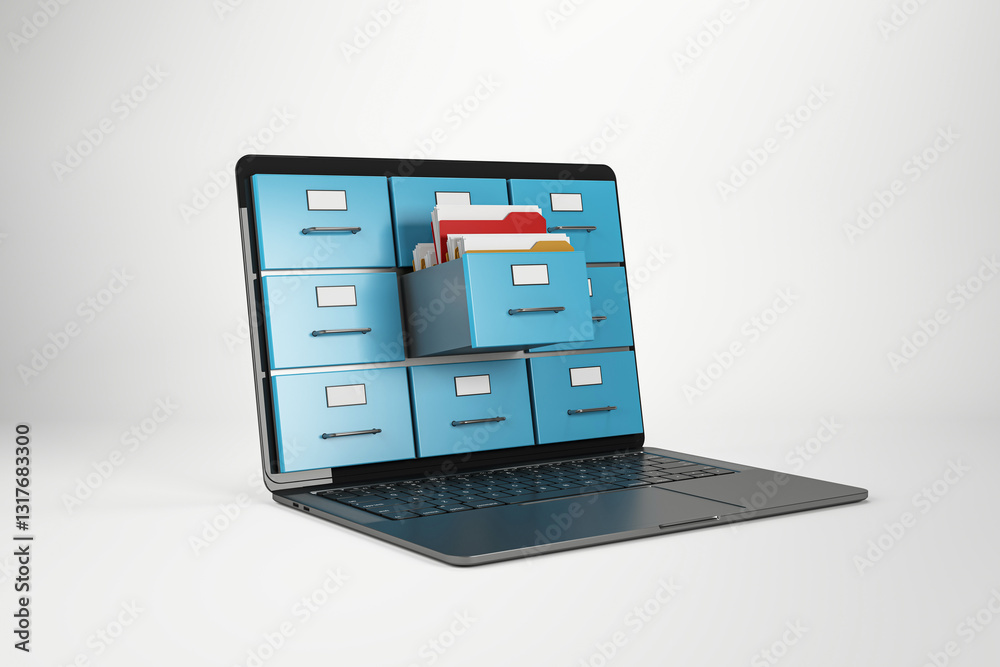 Aufkleber Laptop screen with file drawers representing online file management concept. 3D Rendering