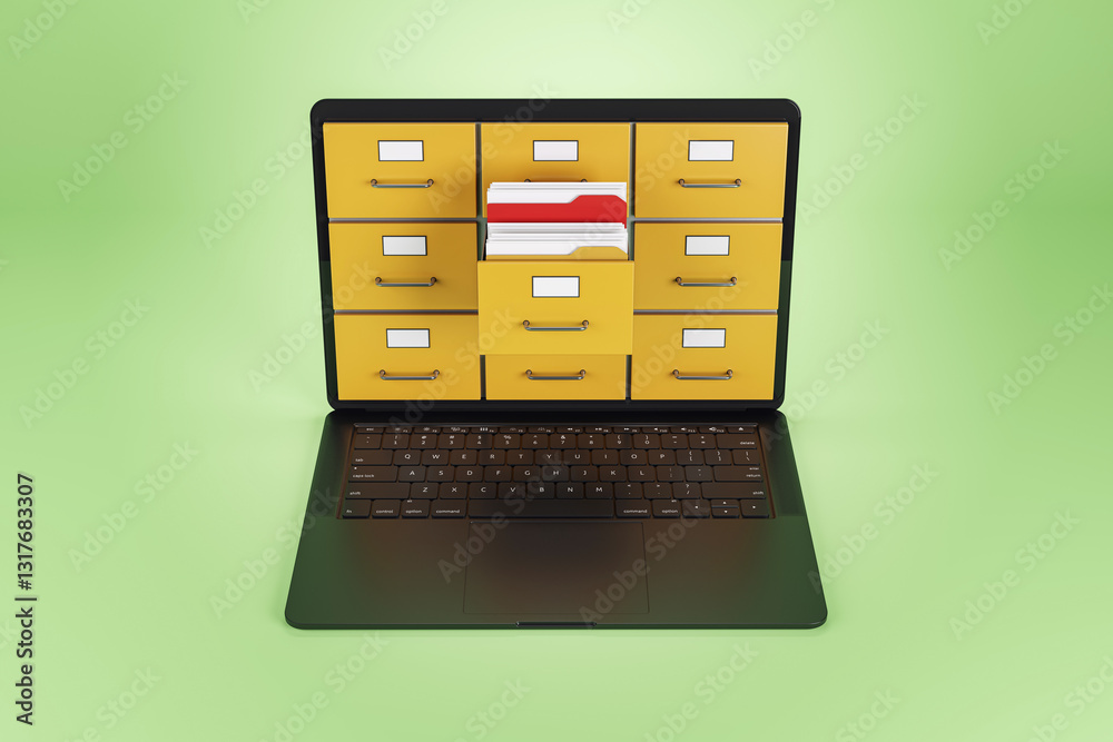 Poster Digital file management concept with folders on laptop screen. 3D Rendering