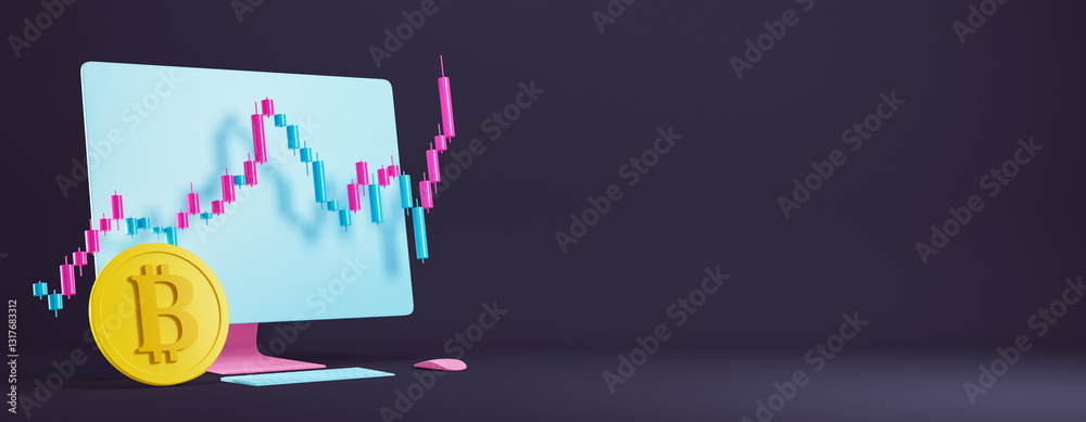 Poster Bitcoin market analysis on computer screen with candlestick chart. 3D Rendering