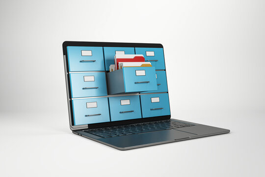 Laptop screen with file drawers representing online file management concept. 3D Rendering