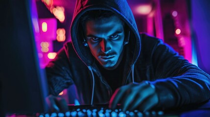 Cyberpunk Hacker Intensely Working on Computer
