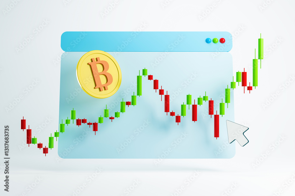 Poster Bitcoin trading chart with rising candlestick graph and BTC coin icon. 3D Rendering