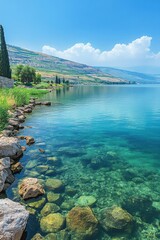 Lake view. Clear water shows rocks. Green hills under blue sky. Peaceful nature. Beautiful scenery. Water landscape. Stone shore. Tranquil scene. Summer day.
