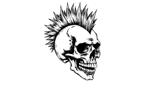 A black-and-white scratchboard imitation features a human skull with a bold spiky mohawk symbolizing the punk rock aesthetic and defiant spirit of rebellion in this gritty sketch