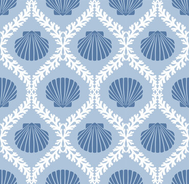 Coastal seamless pattern, Coastal digital print, coral, seashell, coral damask, coastal medallion, vector file