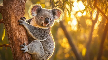 Fototapeta premium Koala on tree trunk, backlit by warm sunlight creating a glowing effect, showcasing Australian wildlife in natural habitat