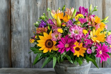 A bouquet of assorted flowers on a rustic wooden table