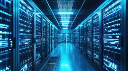 Fototapeta premium A futuristic data center with glowing blue server racks and high-speed network connections. Ideal for technology, cybersecurity, and cloud computing concepts