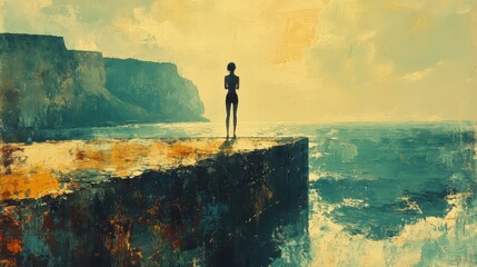 Vintage painting of a swimmer poised on a pier, ready to dive into the sea