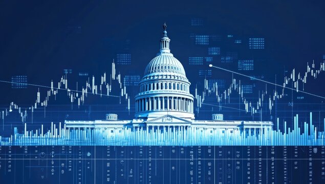 Digital illustration of the US Capitol Building overlaid with financial data visualizations, suggesting a connection between government and finance