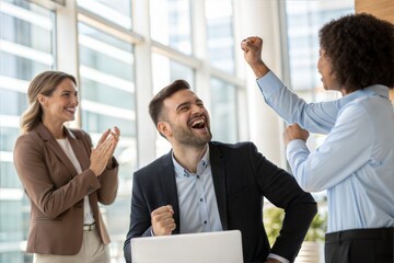 Excited employee receiving praise and congratulations from colleagues after a promotion. Recognition of professional success.