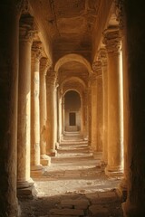 Obraz premium Stone columns corridor perspective. Sunlight illuminating the ancient architecture. Light and shadow play on the textured stone floor. Arches leading to a dark opening.