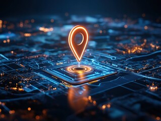 Bright glowing map marker over a digital cityscape at night with vibrant lights
