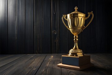 Champion&rsquo;s golden trophy on a dark wooden background, symbolizing victory and excellence.