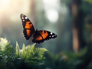Fototapeta premium Monarch butterfly flutters gracefully above lush green ferns in a sunlit forest
