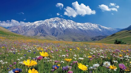 Fototapeta premium Mountain range with snow peaks, flowers field under blue sky, summer landscape, colorful meadow.