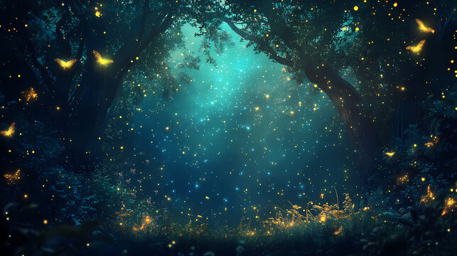 Mystical border of an enchanted forest with glowing fireflies, creating a magical backdrop for a midsummer night's dream sales ad, with space for text. Fluorescent Dreams. Illustration