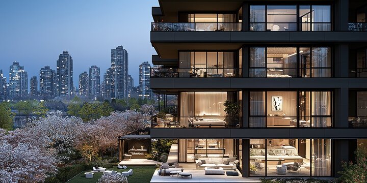 Modern luxury condo building with city views