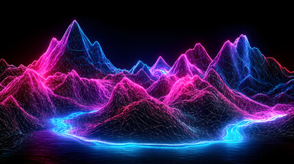 Neon dreams: abstract geometric mountains with fluorescent rivers - 3d rendering with high contrast. Fluorescent Dreams. Illustration