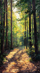 Fototapeta premium Sunlit Serenity in the Forest: A Harmonious Dance of Light and Shadow under Towering Trees