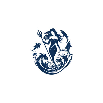 Mermaid holding trident in ocean design vector template illustration